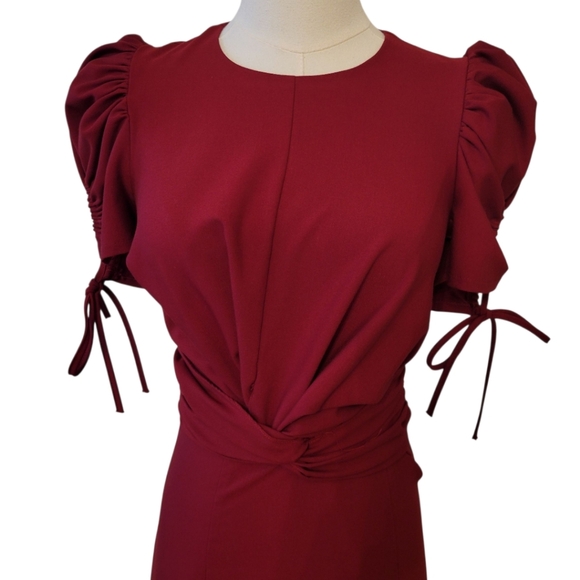 NDK Deep Red Puff Sleeve Midi Length Dress Size Small - Picture 2 of 5